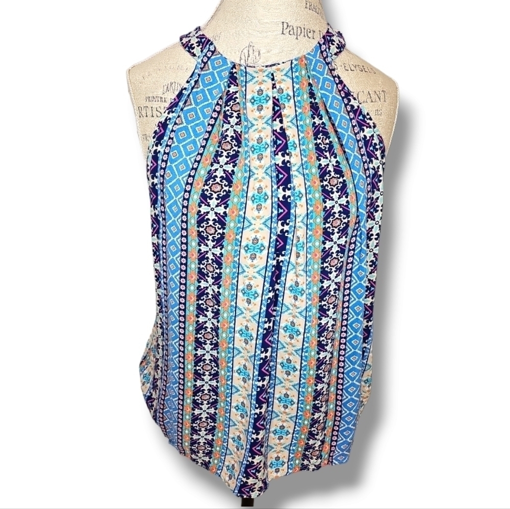Cynthia Rowley Blue Printed Hobo High Neck Sleeveless Top - Size Large